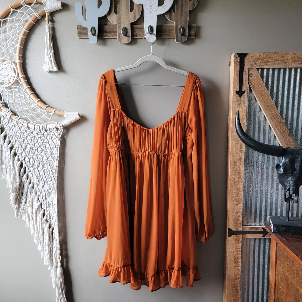 Abercrombie & Fitch | Ruched Long Sleeve Babydoll Mini Dress Paprika Nwot